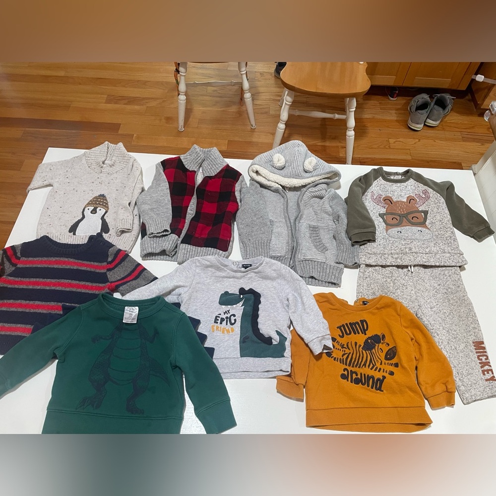 15 sweaters including 2 with matching pants- 33/34 inches - for 12-24 months